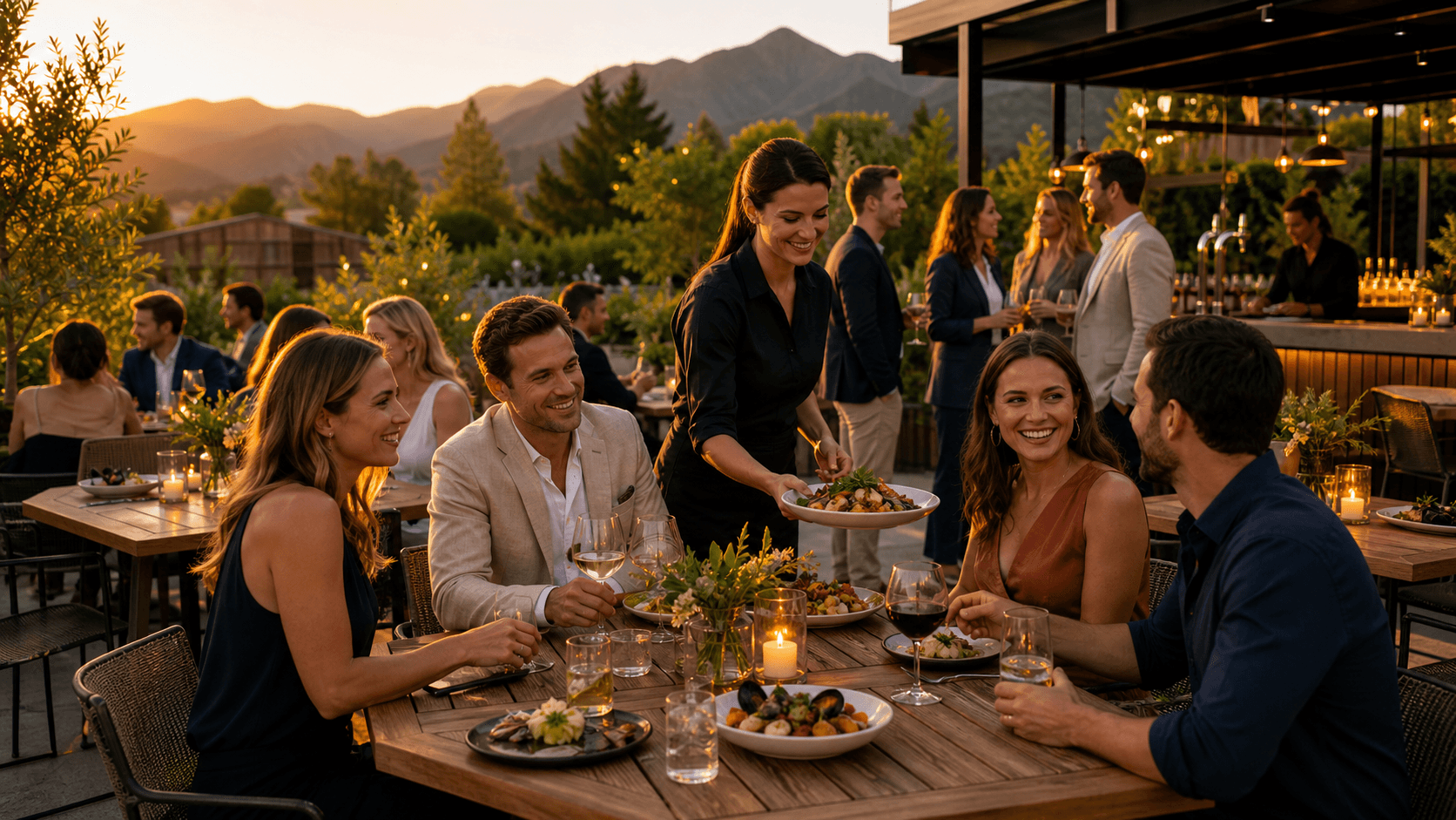 Warmly lit outdoor venue with wooden tables, string lights, and mountain silhouettes at dusk.