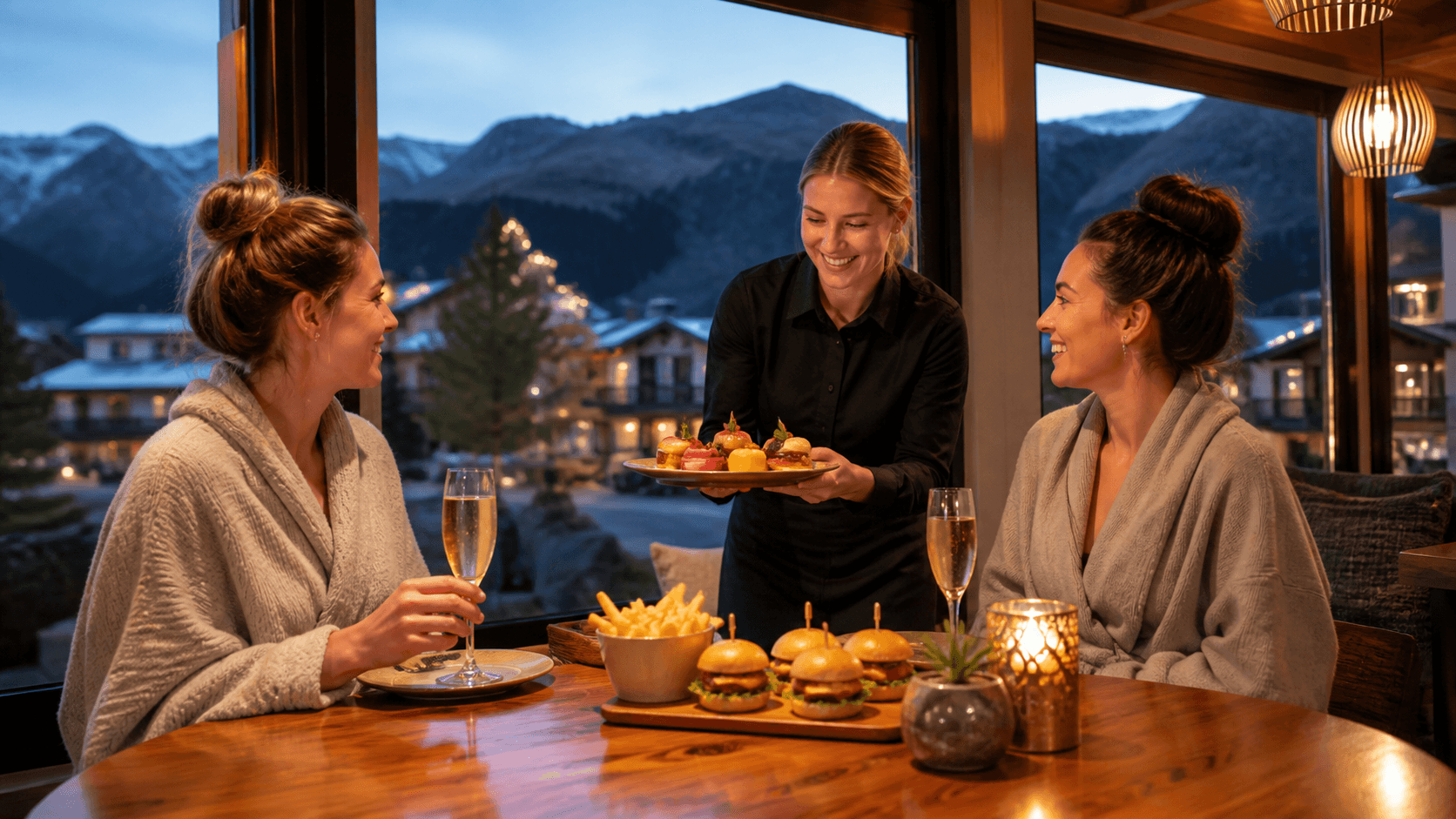Steam rises from glowing outdoor pools beneath a starry night sky, with warm-lit restaurants in the distance.
