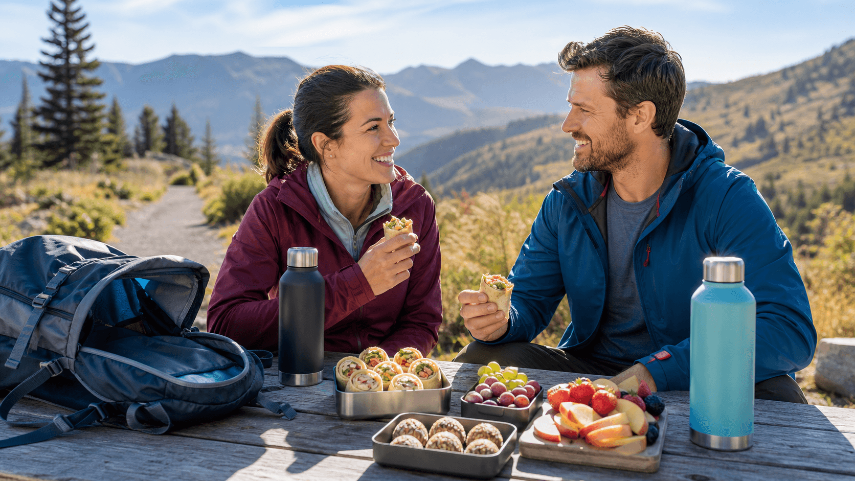 Picnic spread of sandwiches, fruit and trail snacks on a wooden table beside sunlit mountain trails.