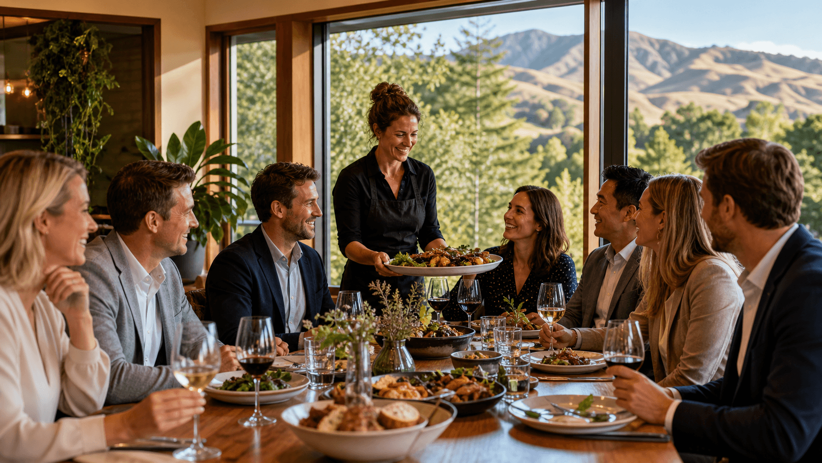 Sunlit alpine lodge with timber beams, long dining tables, and mountain views through large windows.